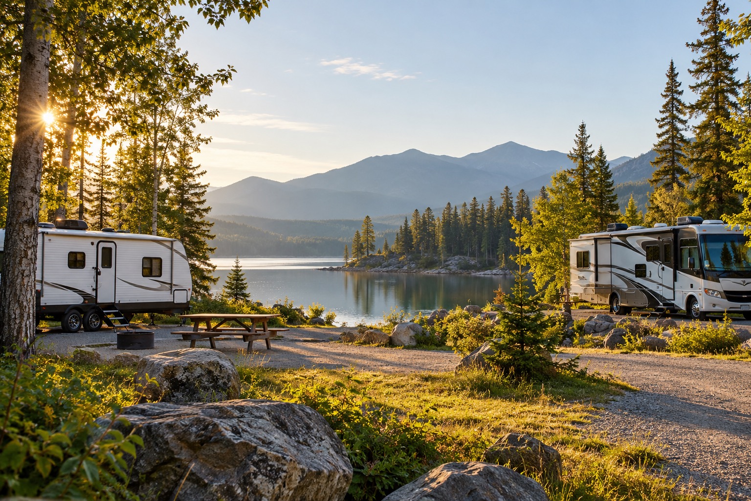 Illustrative motorhome and travel trailer at a Canadian lakeside campsite