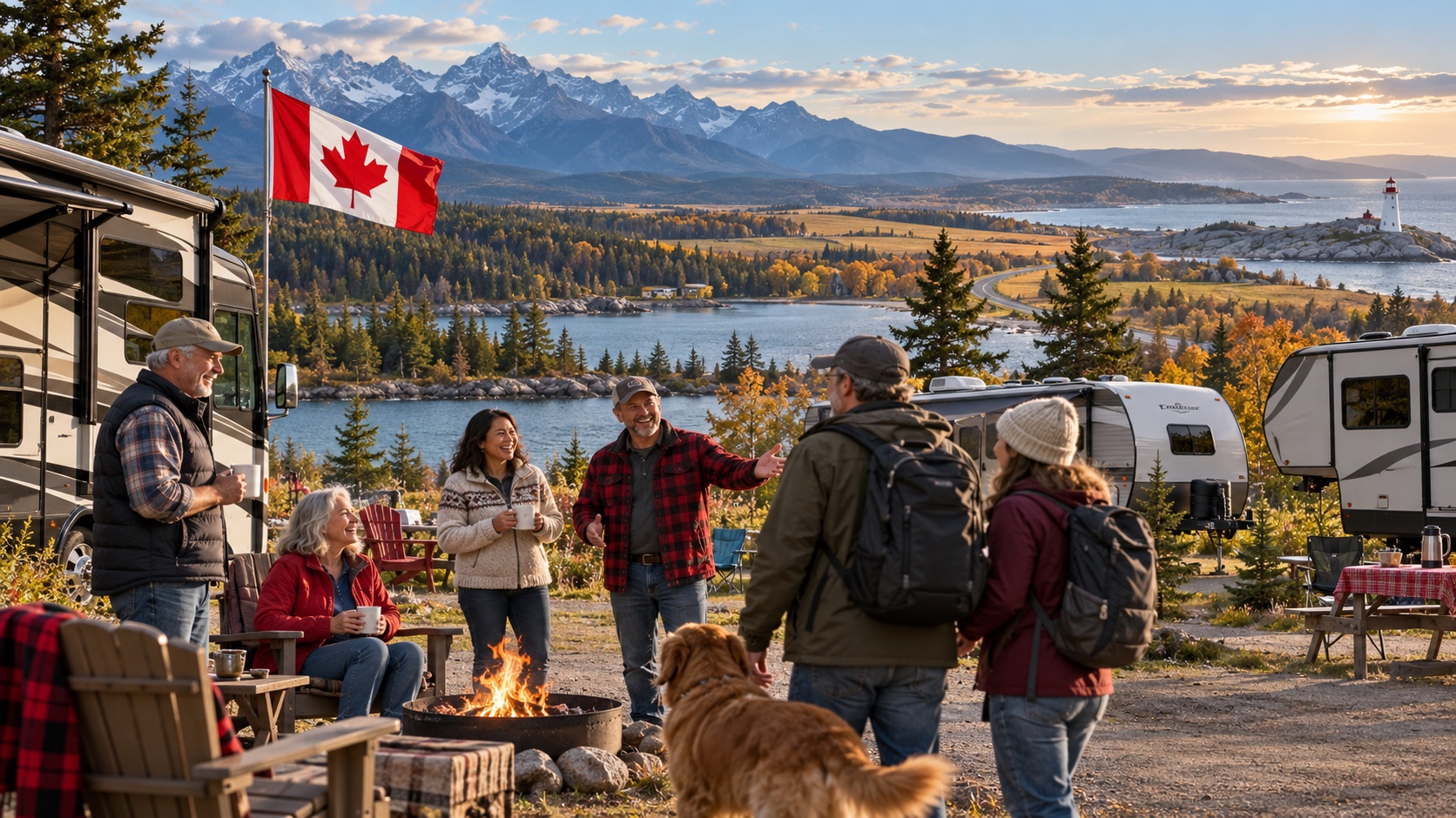 Illustrative Canadian RV community sharing coffee at a lakeside campground