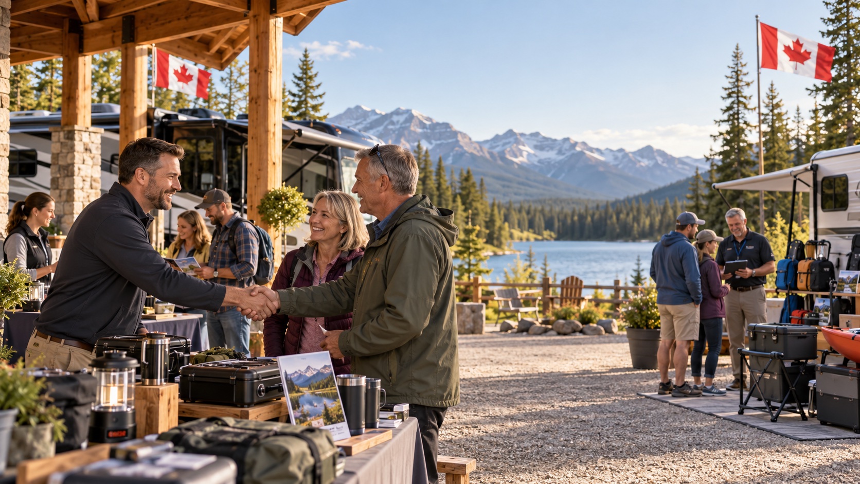 Illustrative RV owners and partner representatives meeting at a campground pavilion